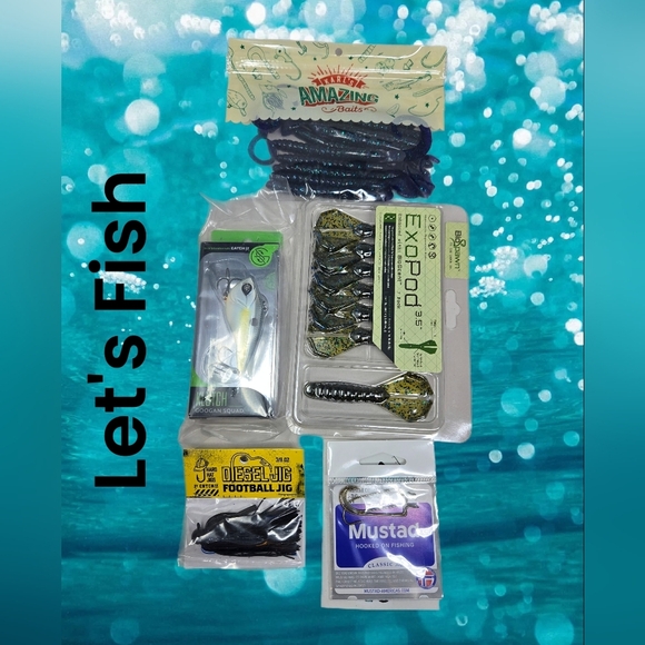 Let's Fish, 5 Item Get Ready Fishing Lot  Items All New Hooks Bait Jig Squd - Picture 1 of 7